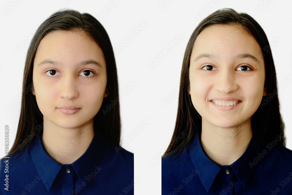 Photo of a teenage girl face on a white background on documents. Collage for comparison. Photo of a teenage girl face on a white background on documents. Collage for comparison.