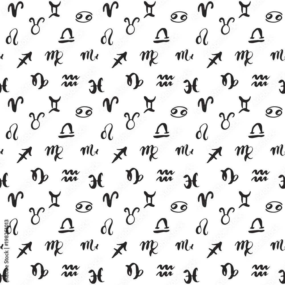 Zodiac signs seamless pattern. Hand drawn horoscope astrology symbols, grunge textured design, typography print, vector illustration