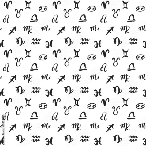 Zodiac signs seamless pattern. Hand drawn horoscope astrology symbols, grunge textured design, typography print, vector illustration