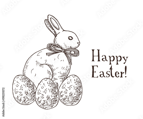 Hand drawn black and white easter gift card with chocolate rabbit and eggs. Greate holiday doodle vintage illustration