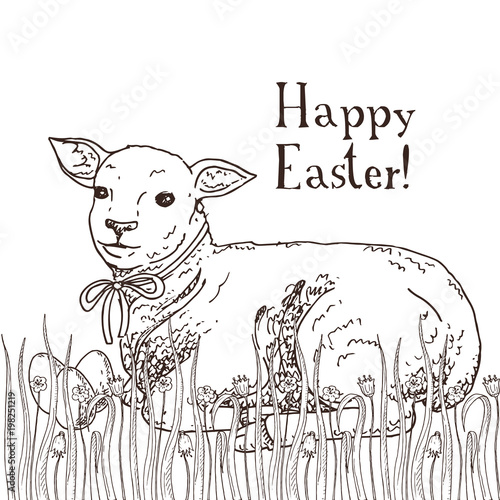 Hand drawn black and white easter gift card with funny lamb and painted eggs in the grass. Greate holiday doodle vintage illustration