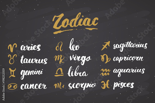 Zodiac signs set and letterings. Hand drawn horoscope astrology symbols, grunge textured design, typography print, vector illustration on chalkboard background