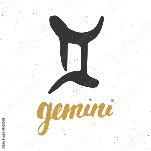 Zodiac sign Gemini and lettering. Hand drawn horoscope astrology symbol, grunge textured design, typography print, vector illustration