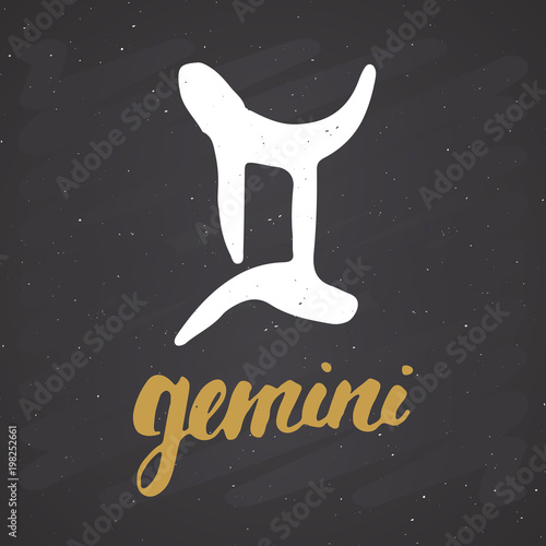 Zodiac sign Gemini and lettering. Hand drawn horoscope astrology symbol, grunge textured design, typography print, vector illustration on chalkboard background