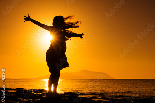 silhouette of girl standing at the beach against sunrise © Sergiy Bykhunenko