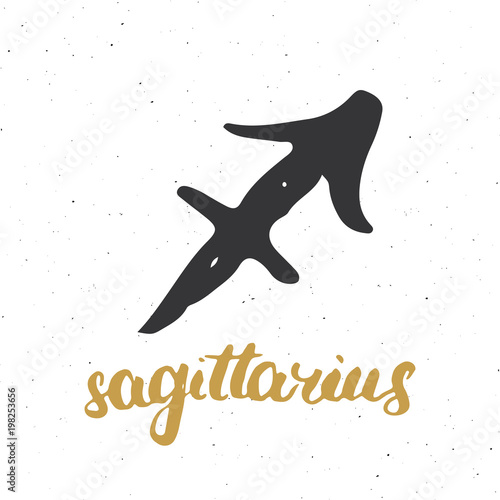 Zodiac sign Sagittarius and lettering. Hand drawn horoscope astrology symbol  grunge textured design  typography print  vector illustration