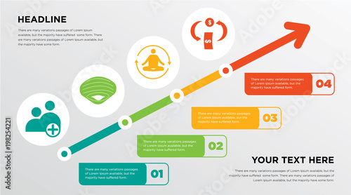 new employee, clam, peace of mind, cashback growing horizontal presentation design template in green, red and yellow, grow up business infographics with icons