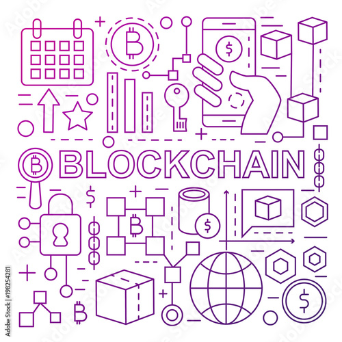 Blockchain technology banner template made with color line icons.