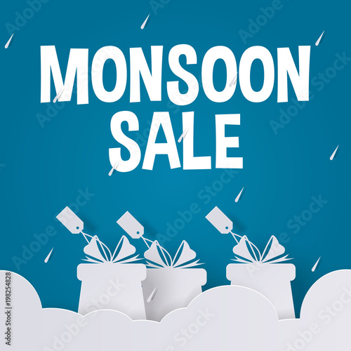 Monsoon sale ads offer for discount promotion banner with cloud, gift and rain in paper art style