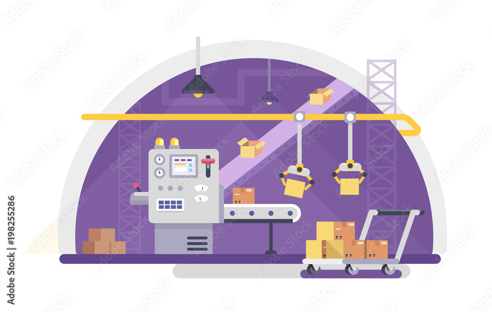 Packing and Production line concept in flat style. Industrial machine vector illustration. Cardboard Boxes on conveyor belt in factory. Packing and Production line concept in flat style. Industrial machine vector illustration. Cardboard Boxes on conveyor belt in factory.