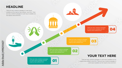 car dealer, folded hands, municipal, earthquake growing horizontal presentation design template in green, red and yellow, grow up business infographics with icons