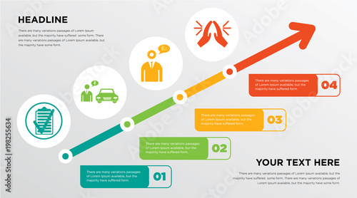 specification, car dealer, advisor, folded hands growing horizontal presentation design template in green, red and yellow, grow up business infographics with icons