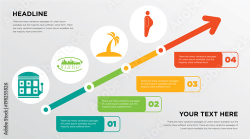 slot machine, future city, palm tree flat, obesity growing horizontal presentation design template in green, red and yellow, grow up business infographics with icons