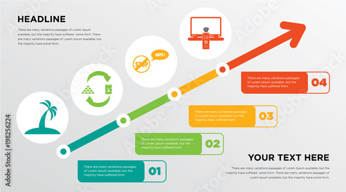 palm tree flat, commodities, oops, tv remote growing horizontal presentation design template in green, red and yellow, grow up business infographics with icons