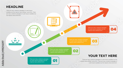 waterproof, author, on, snooker growing horizontal presentation design template in green, red and yellow, grow up business infographics with icons