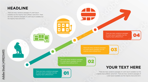 falcon, floor plan, slot machine, english language growing horizontal presentation design template in green, red and yellow, grow up business infographics with icons