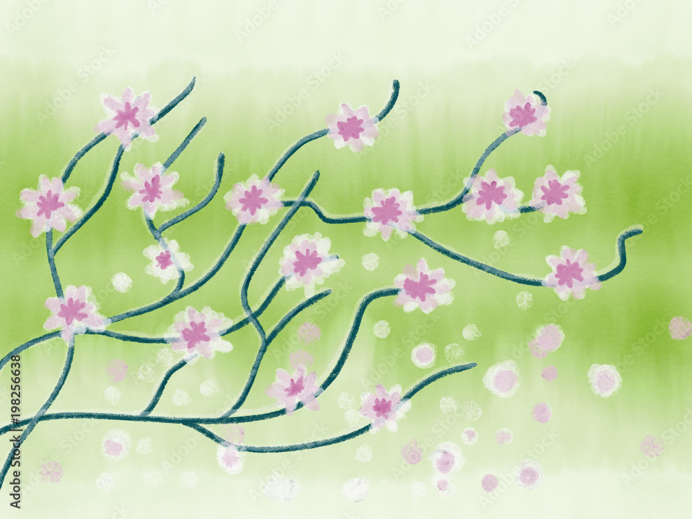 Fototapeta premium Colorful hand drawn abstract sakura tree branches on texture watercolor green background, illustration of pink japanese flowers painted by pastel pencil chalk and watercolor on canvas, high quality