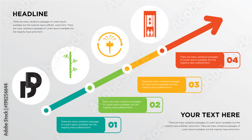 double d, bamboo, fresh air, elevator growing horizontal presentation design template in green, red and yellow, grow up business infographics with icons