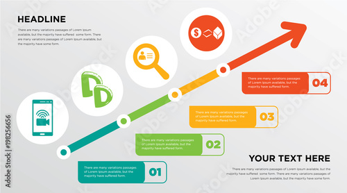 video chat, double d, identify, trading co growing horizontal presentation design template in green, red and yellow, grow up business infographics with icons