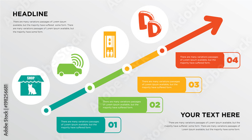 petshop, connected car, elevator, double d growing horizontal presentation design template in green, red and yellow, grow up business infographics with icons