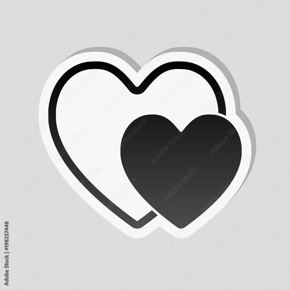 2 hearts. Simple icon. Sticker style with white border and simple shadow on gray background 2 hearts. Simple icon. Sticker style with white border and simple shadow on gray background