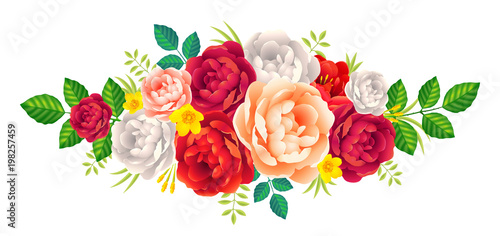 Red, purple and pink peonies vector floral bouquet, wedding card vintage decoration