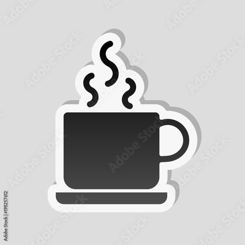 cup of hot tea or coffee icon. Sticker style with white border and simple shadow on gray background