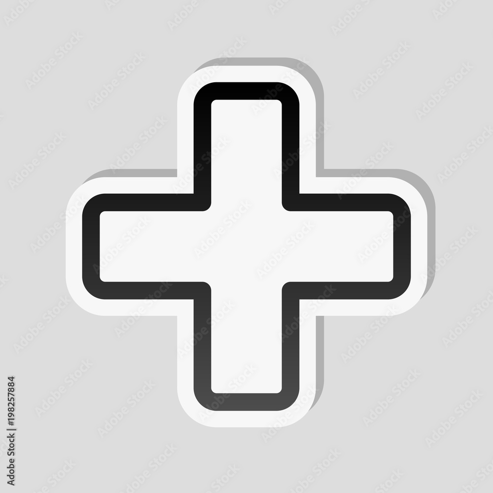 Medical cross icon. Sticker style with white border and simple shadow on gray background Medical cross icon. Sticker style with white border and simple shadow on gray background
