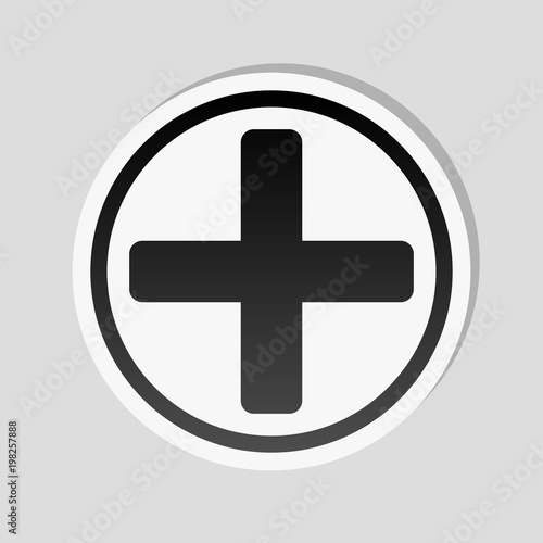 Medical cross icon. Sticker style with white border and simple shadow on gray background