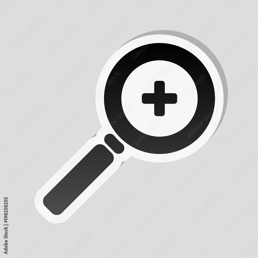 Zoom In icon. Sticker style with white border and simple shadow on gray background Zoom In icon. Sticker style with white border and simple shadow on gray background