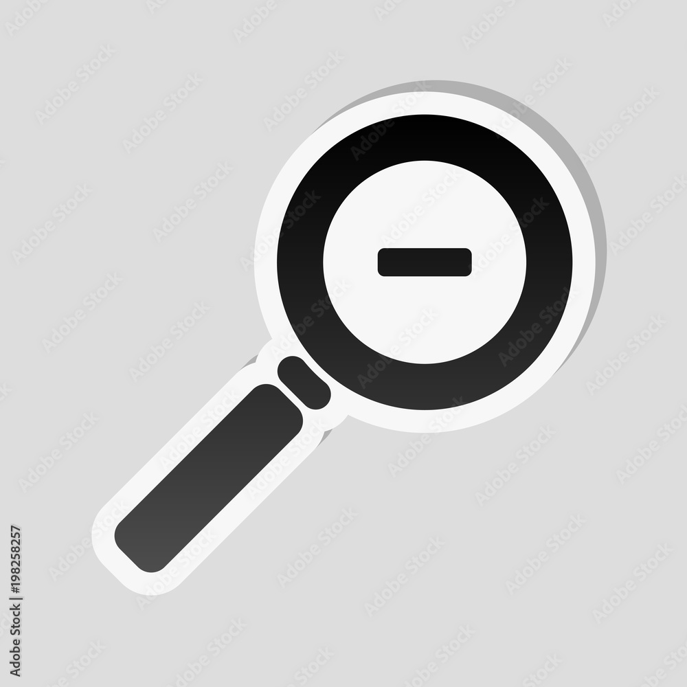 Zoom out icon. Sticker style with white border and simple shadow on gray background Zoom out icon. Sticker style with white border and simple shadow on gray background