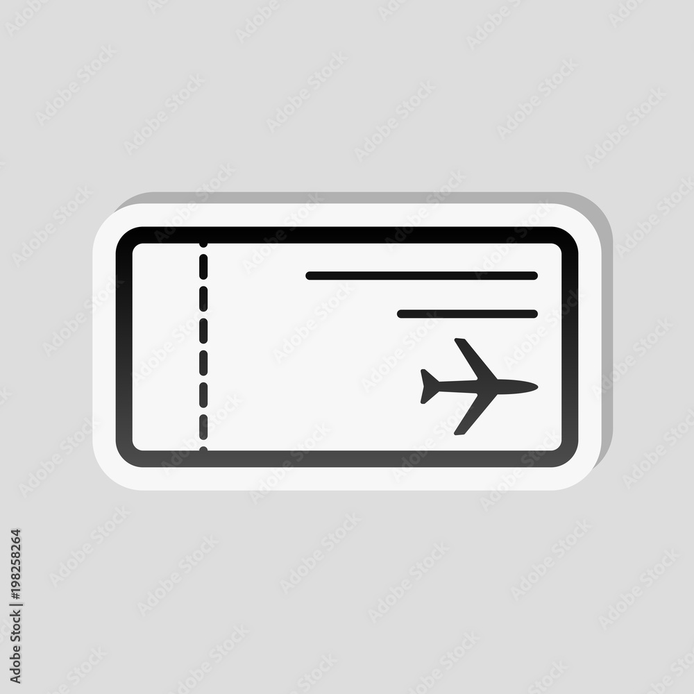 airplane ticket icon. Sticker style with white border and simple shadow on gray background airplane ticket icon. Sticker style with white border and simple shadow on gray background