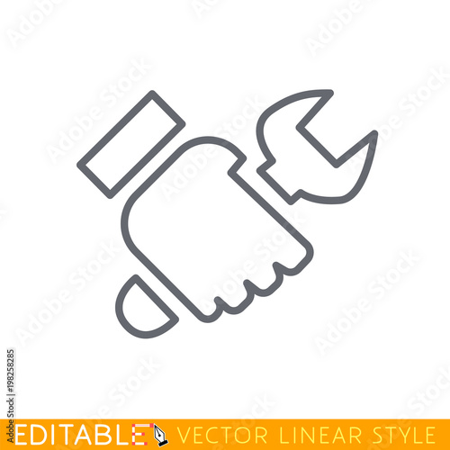 Hand holding wrench. Tool icon. Editable stroke sketch icon. Stock vector illustration.