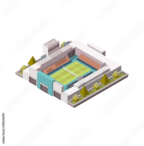 tennis court, grass cover isometric platform, vector illustration, game of tennis, low poly. Open area. Wimbledon 3d