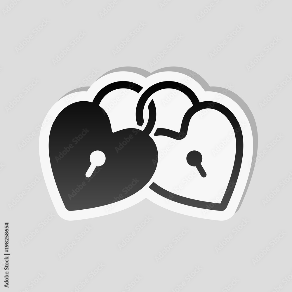linked hearts, lock icon. Sticker style with white border and simple shadow on gray background linked hearts, lock icon. Sticker style with white border and simple shadow on gray background
