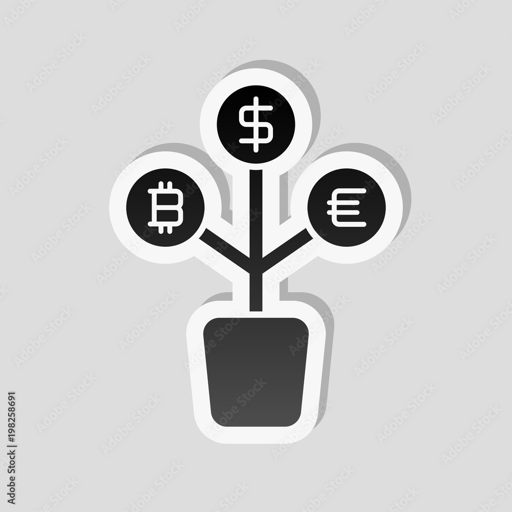 money tree. dollar, euro and bitcoin. simple silhouette. Sticker style with white border and simple shadow on gray background money tree. dollar, euro and bitcoin. simple silhouette. Sticker style with white border and simple shadow on gray background