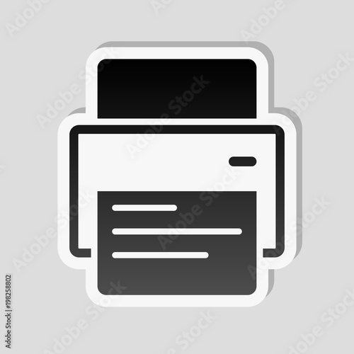 printer and paper. Sticker style with white border and simple shadow on gray background