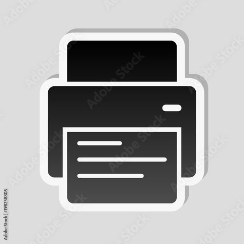 printer and paper. Sticker style with white border and simple shadow on gray background