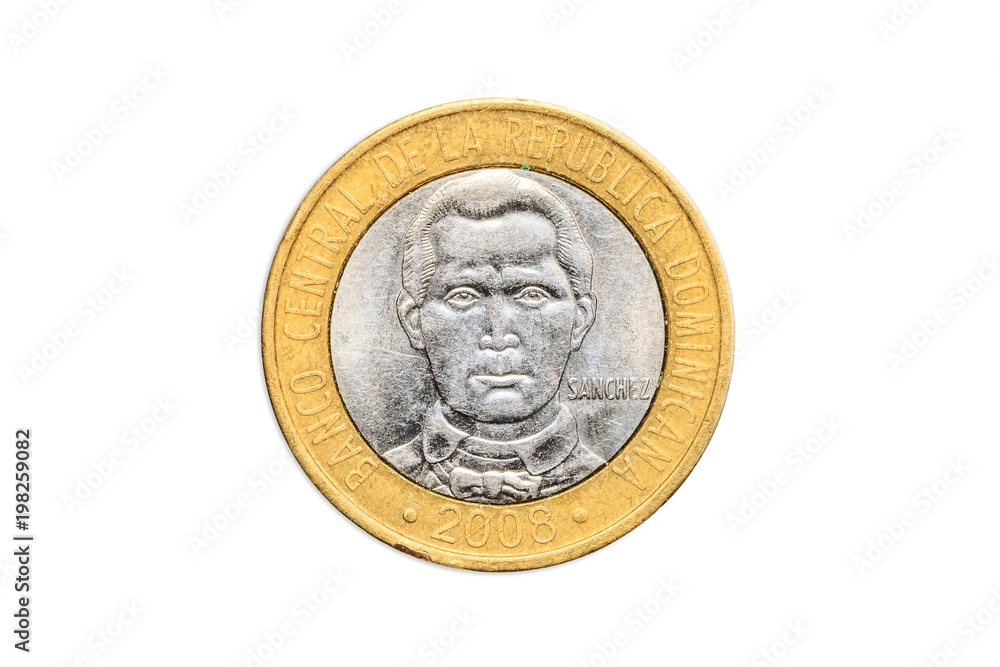 The Dominican coin of 5 pesos of Santo Domingo Caribbean republic, DOP currency, close up of the head side. Isolated on white studio background.