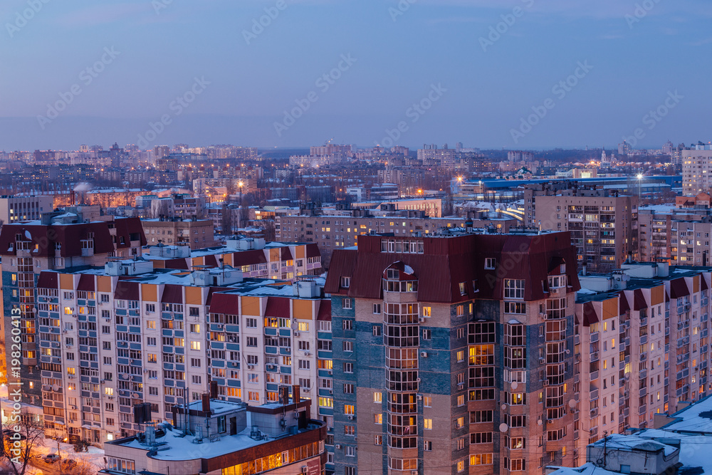 Obraz premium Voronezh cityscape. Aerial night view to modern residential area