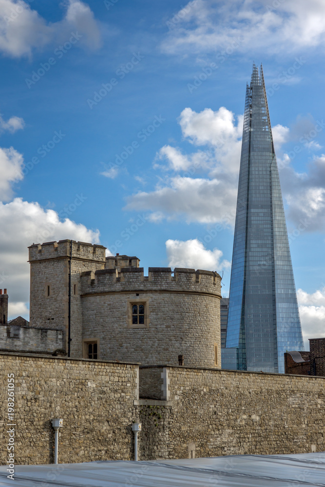 Panorama with Tower of London and The Shard, London, England, Great Britain