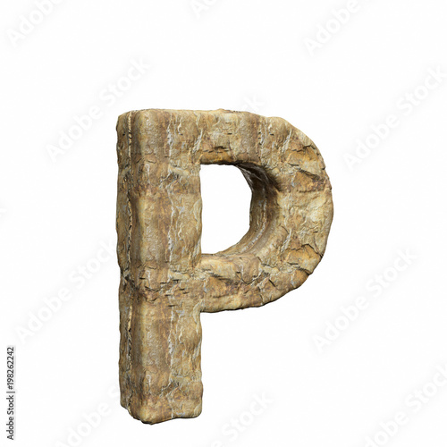 Detailed warm rough rock upper case p on a pure white background. This is a 3d render.