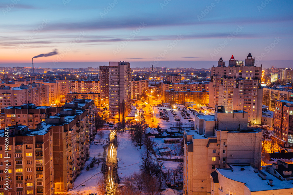Voronezh cityscape. Aerial night view to modern residential area