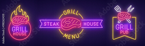 Big set neon sing. Grill house label and logo. Grill pub banner, logo, emblem and label. Bright signboard, light banner. Vector illustration