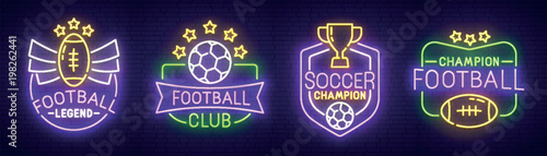 Big set neon sing. Soccer label and logo. American football banner, logo, emblem and label. Bright signboard, light banner. Vector illustration