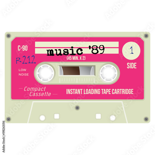 Old school compact cassette tape, eightees design.
