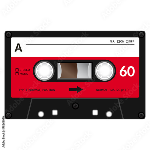 Vintage audio cassette tape design, flat illustration.