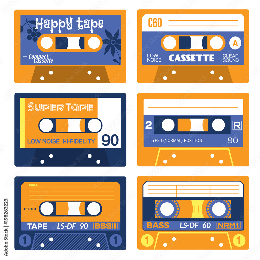 Fototapeta premium Old times audio cassettes set. Retro music recording technology.