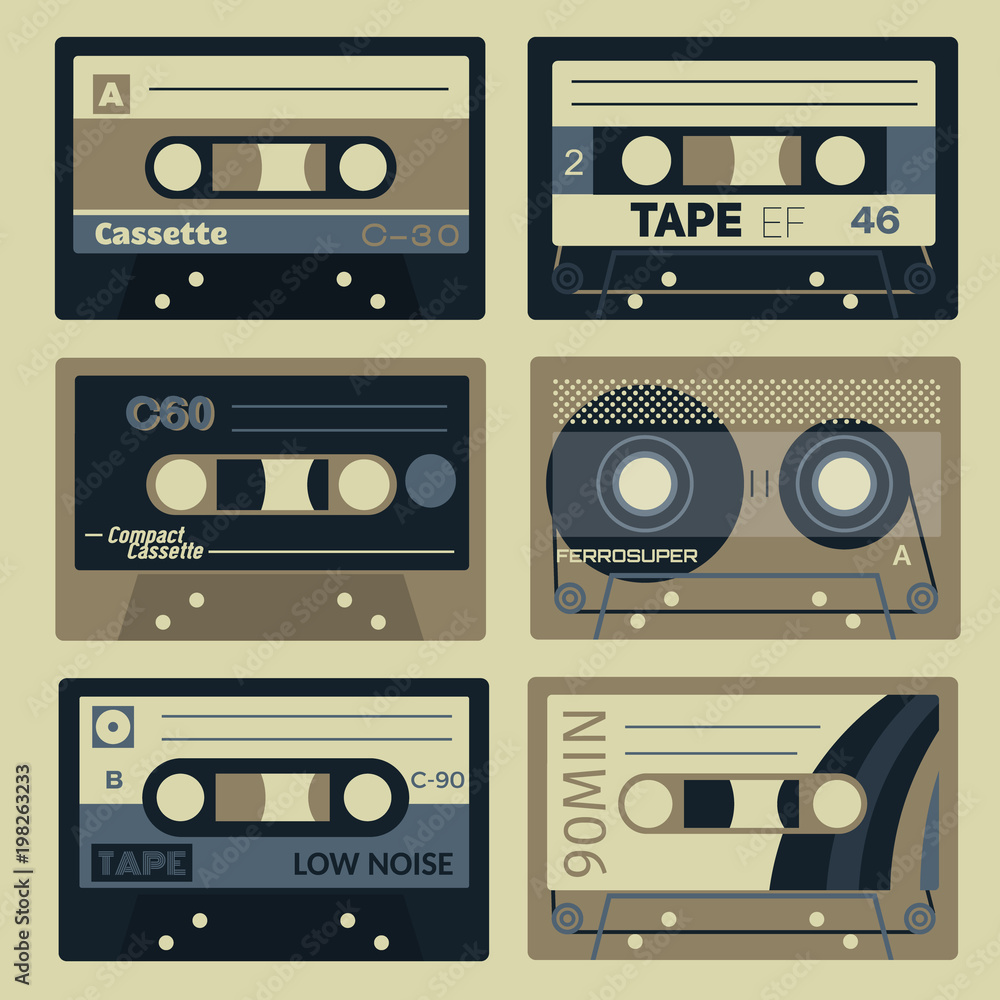 Retro cassettes set. Old technology records, plastic cassettes