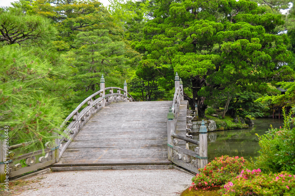 Wooden bridge in the garden on the old Imperial Palace in Nara, Japan
